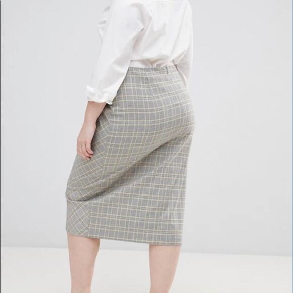 ASOS Curve Plaid Midi Skirt 12 Gray Yellow Wrap Button Check Tailored Work - Picture 2 of 7
